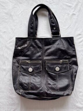 Vintage GAP Black Leather Utility Pocket Tote Shoulder Bag
